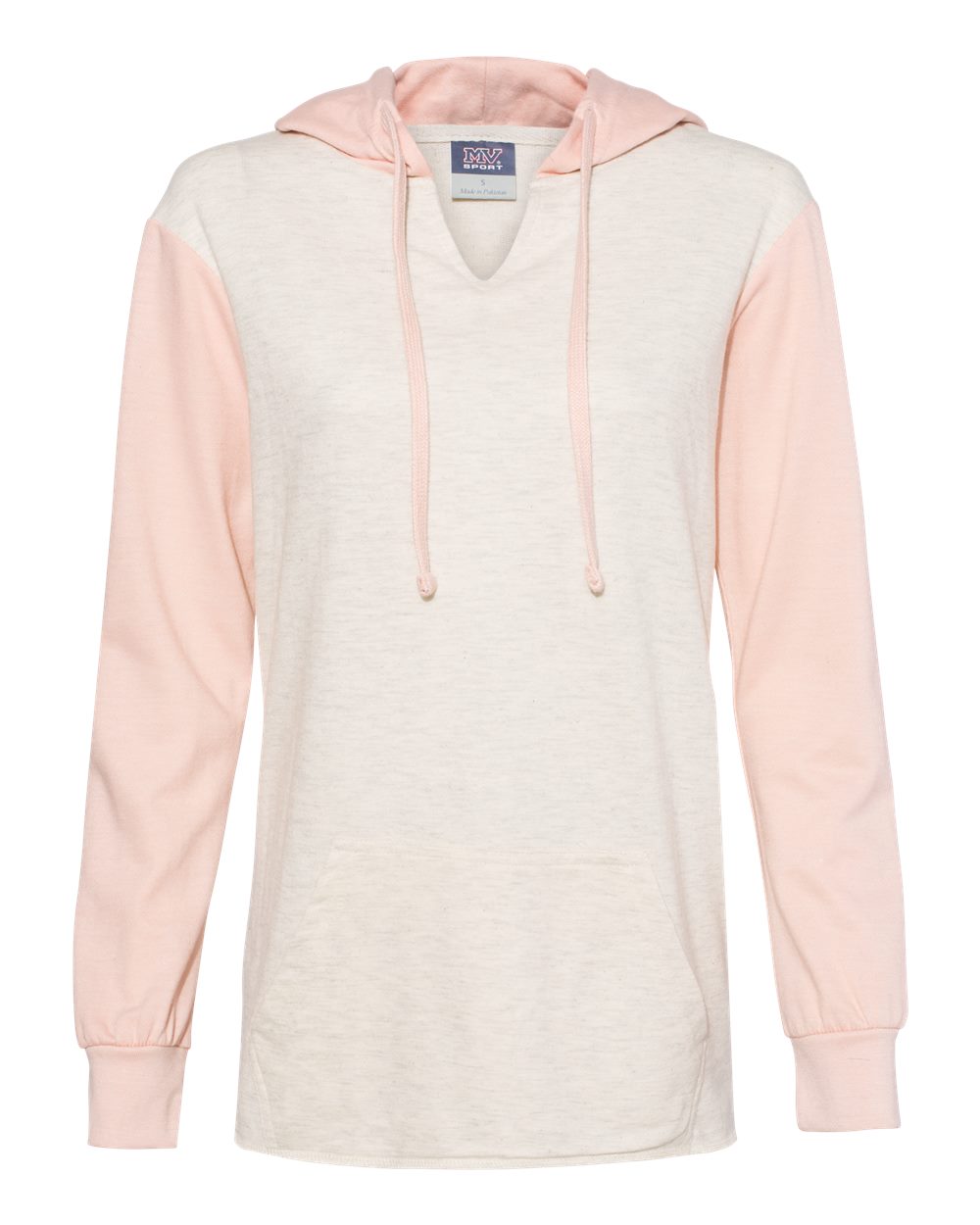 Mv Sport Women s French Terry Hooded Pullover With Colorblocked Sleeves W20145 Cameo Pink Oatmeal Jiffy