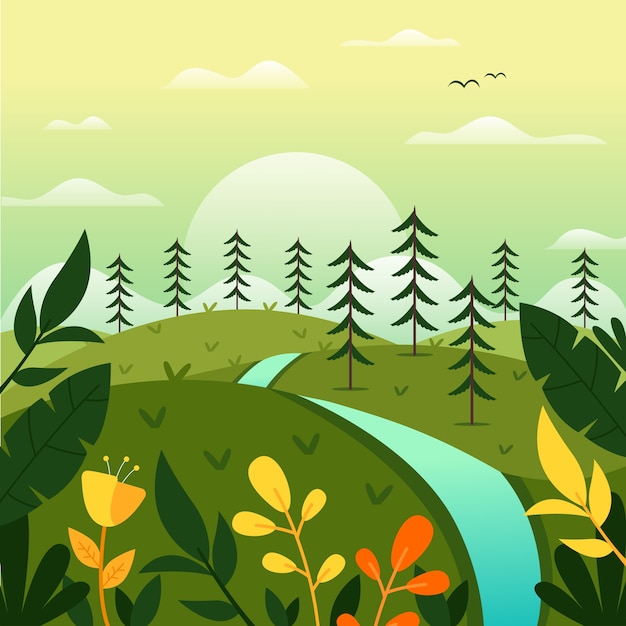 Scenic Landscape with River and Forest Illustration | Jiffy Designs
