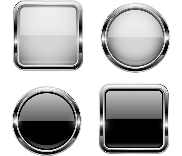 Black And White Buttons With Chrome Frame. Round And Square Glass Shiny ...