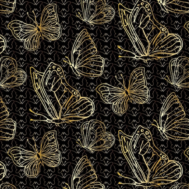 Golden Butterfly Pattern on Black Floral Background | Jiffy Designs