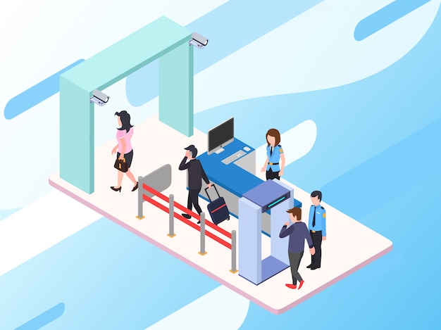 Bustling Airport Security Checkpoint with Travelers and Officers ...