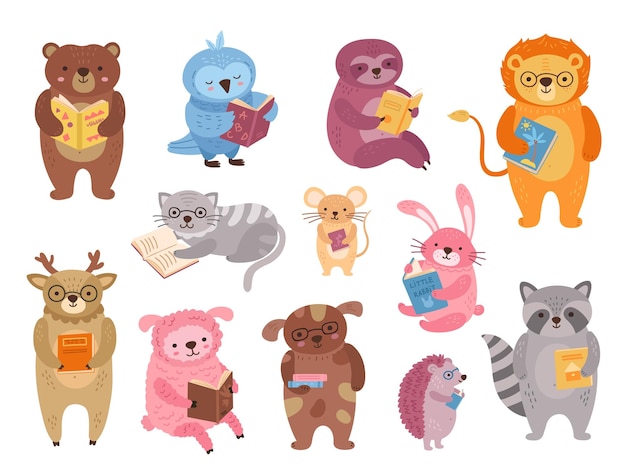 Charming Collection of Cartoon Animals with Books | Jiffy Designs