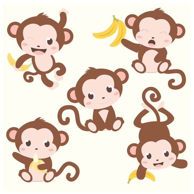 Playful Primate Parade: Cute Cartoon Monkeys with Bananas | Jiffy Designs