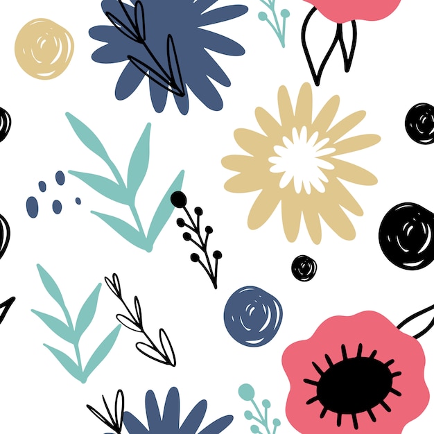 Vibrant Floral Pattern with Doodle-Style Blooms and Leaves | Jiffy Designs