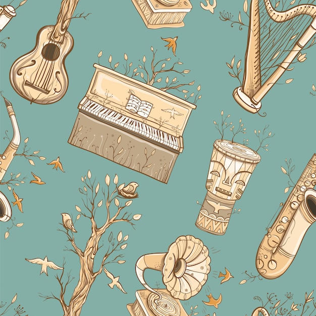 Vintage Musical Instruments and Nature Pattern on Teal Background ...