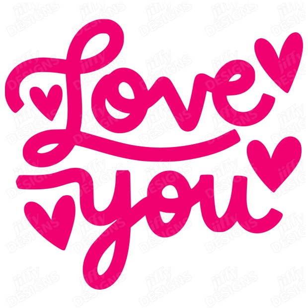 'Love You' Vibrant Pink Cursive Script with Playful Hearts | Jiffy Designs