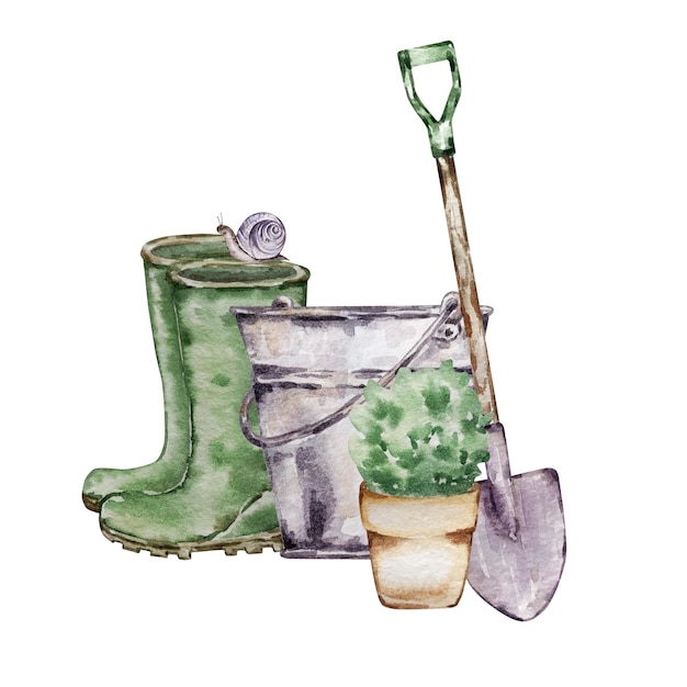Watercolor Illustration of Gardening Tools and Boots | Jiffy Designs
