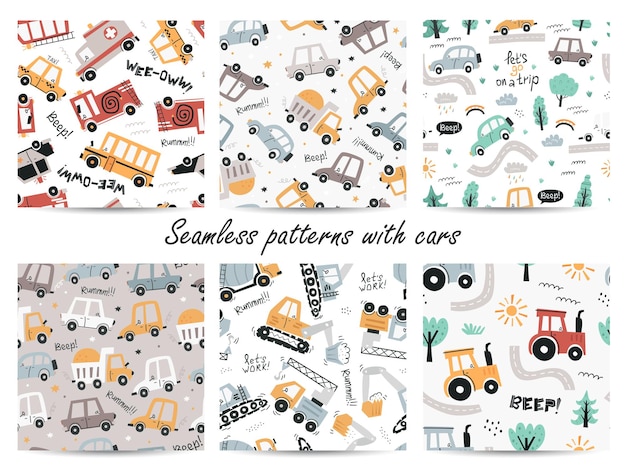 Charming Collection of Whimsical Cars and Vehicles in Seamless Patterns ...