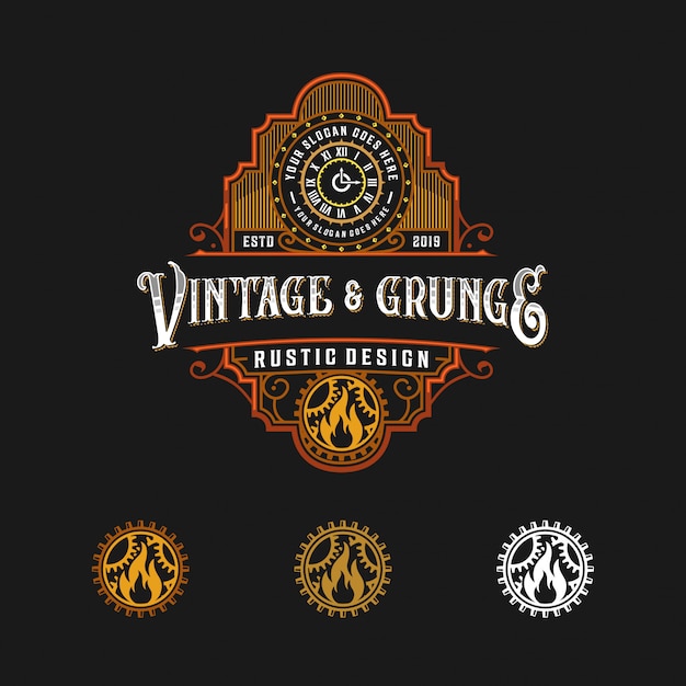 Vintage and Grunge Rustic Design Badge with Fiery Emblem | Jiffy Designs