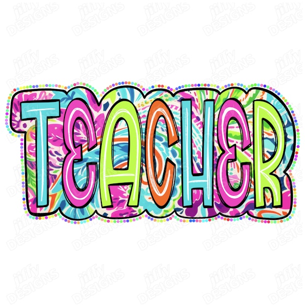 'Teacher' Vibrant Bubble Letters with Colorful Patterns and Outlines ...