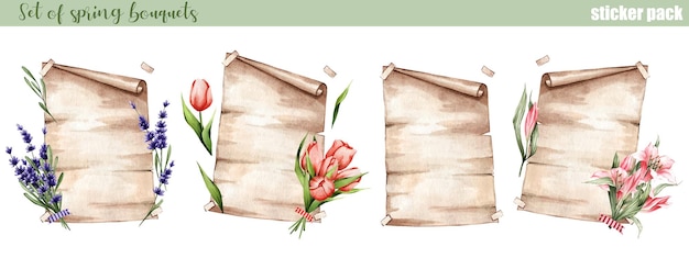 Vibrant Spring Bouquets on Aged Parchment Scrolls | Jiffy Designs