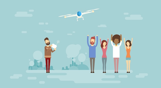 Cheerful People Celebrating Delivery Drone in City Skyline | Jiffy Designs