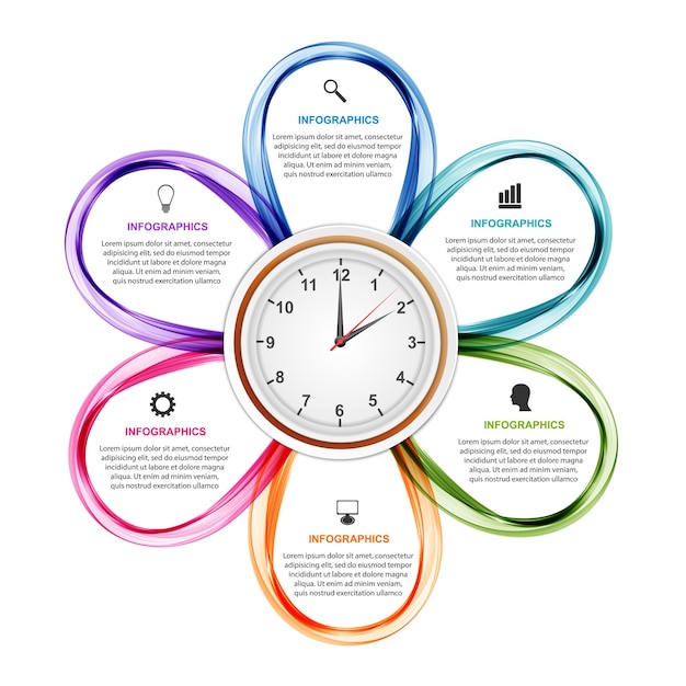 Vibrant Infographic Flower with Analog Clock and Informative Icons ...