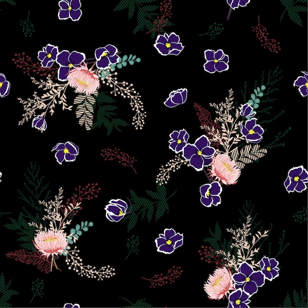 Elegant Floral Pattern with Purple Blooms on Dark Background | Jiffy ...