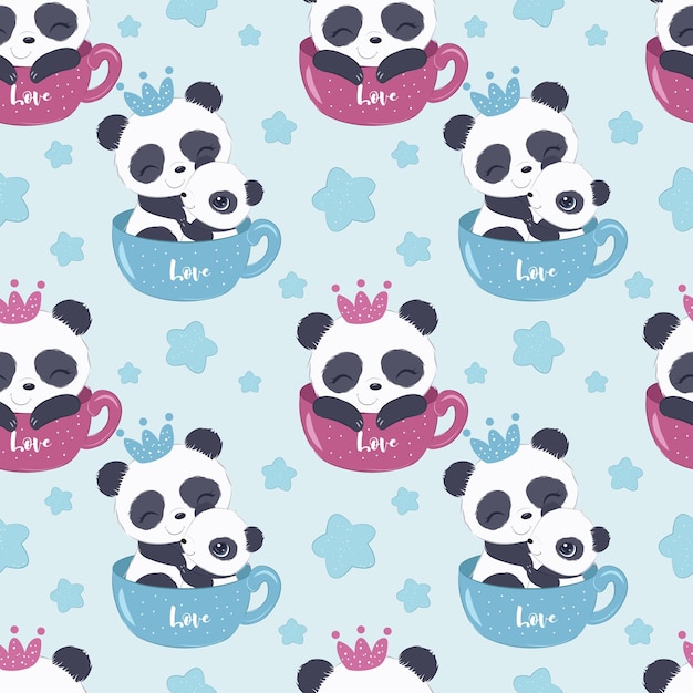 Cute Panda Bears in Colorful Tea Cups Pattern | Jiffy Designs