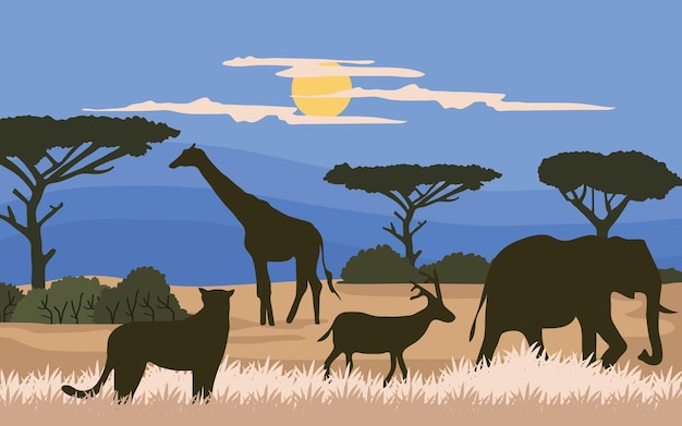 African Safari Scene with Giraffe, Elephants, and Sunset | Jiffy Designs