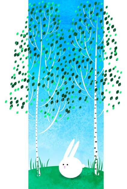 Whimsical Birch Forest with Playful Rabbit | Jiffy Designs