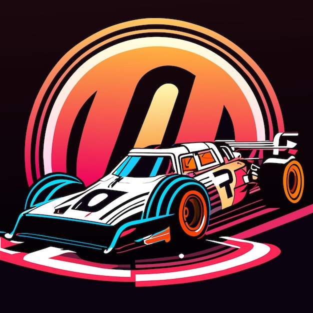 Retro Futuristic Race Car Illustration with Vibrant Sunset Backdrop ...