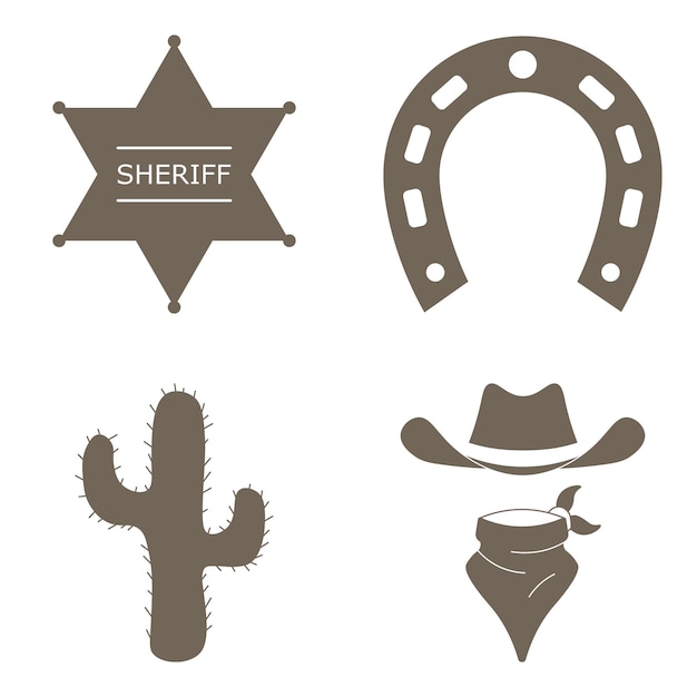 Iconic Western Symbols: Sheriff Badge, Horseshoe, Cactus, Cowboy Hat ...