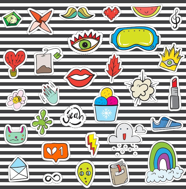 Vibrant Assortment of Playful Sticker Icons on Striped Background ...