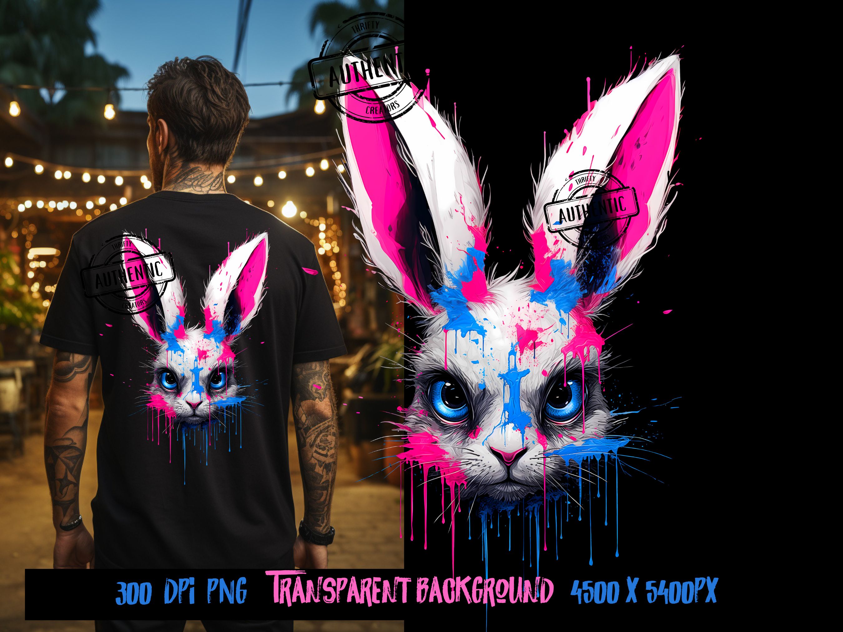 Vibrant Rabbit Portrait with Splattered Paint and Piercing Blue Eyes ...
