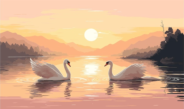 Serene Sunset Swans Gliding on Tranquil Lake | Jiffy Designs