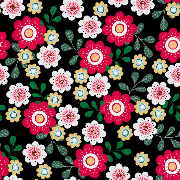Vibrant Floral Pattern with Pink and White Blooms on Black | Jiffy Designs
