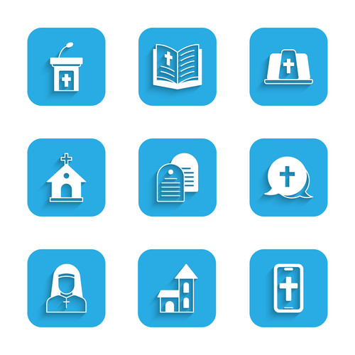 Set Holy Bible Book Church Building Christian Cross On Phone Nun Pope ...