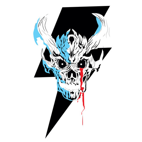 T Shirt Design Of A Skull With Horns On A Thunderbolt Symbol. Satanic