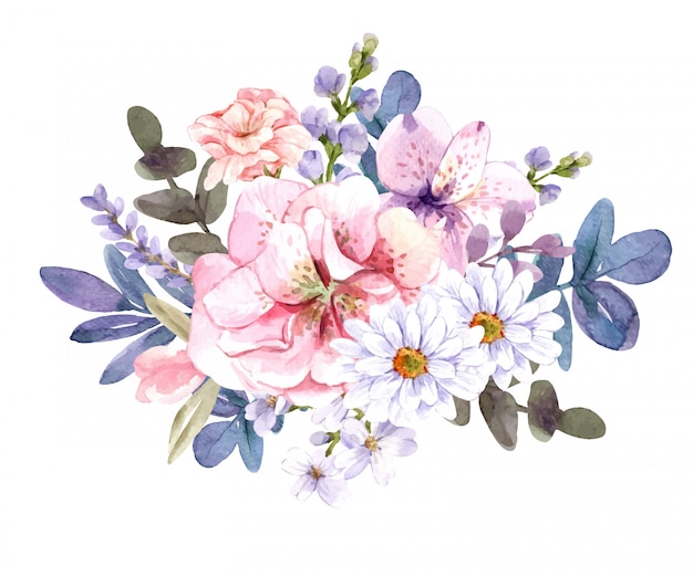 Delicate Watercolor Floral Bouquet with Pink Roses and Purple Accents ...