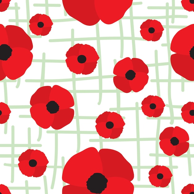 Vibrant Red Poppy Floral Pattern on Checkered Background | Jiffy Designs