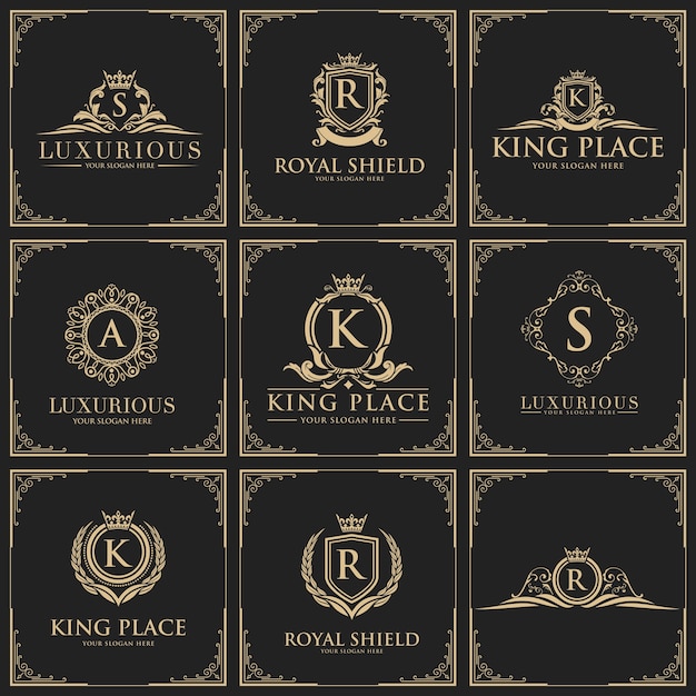 Elegant Gold Monogram Insignia Collection on Ornate Black Backgrounds ...