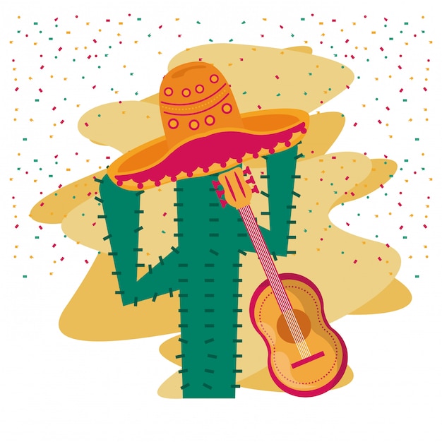 Festive Mexican Cactus with Guitar and Sombrero Illustration | Jiffy ...