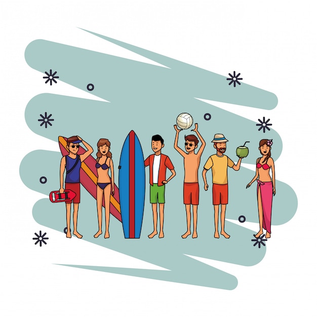 Vibrant Beach Scene with Surfers and Beachgoers | Jiffy Designs
