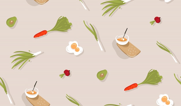 Healthy Ingredients Pattern with Veggies, Eggs, and Bread | Jiffy Designs