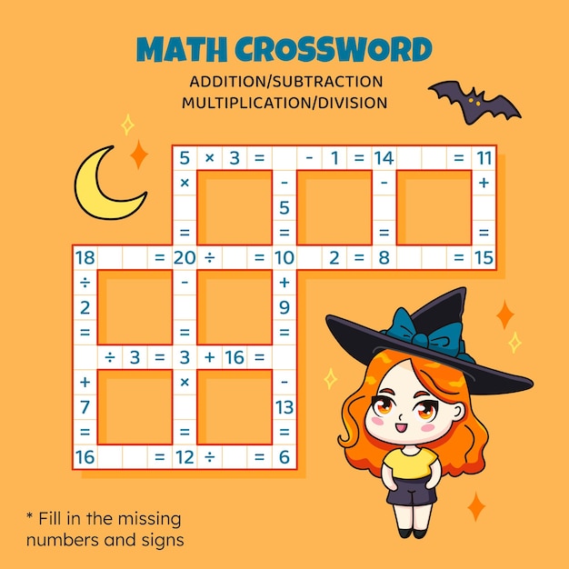 Math Crossword Puzzle with Witch Girl on Orange Background | Jiffy Designs
