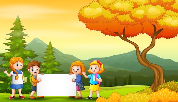 Happy Children Holding Blank Sign in Scenic Nature Landscape | Jiffy ...