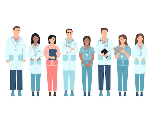 Doctors team concept Medical specialists standing together Flat cartoon style Jiffy Designs