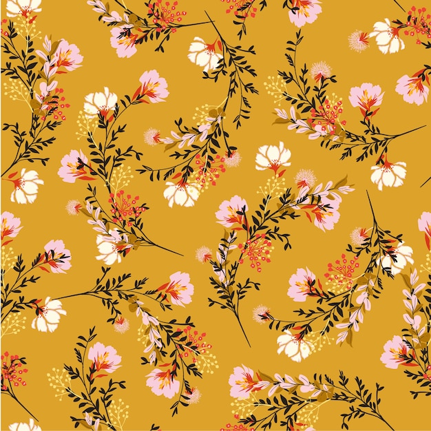 Vibrant Yellow Floral Pattern with Pink Wildflowers | Jiffy Designs
