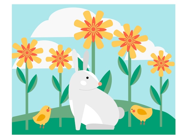 Vibrant Floral Scene with Playful Rabbit and Chicks | Jiffy Designs