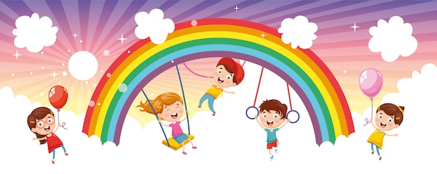 Joyful Children Playing Under a Vibrant Rainbow Sky | Jiffy Designs