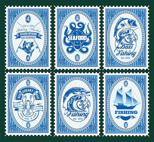 Vintage Fishing Insignia Collection: Iconic Nautical Symbols in Blue ...