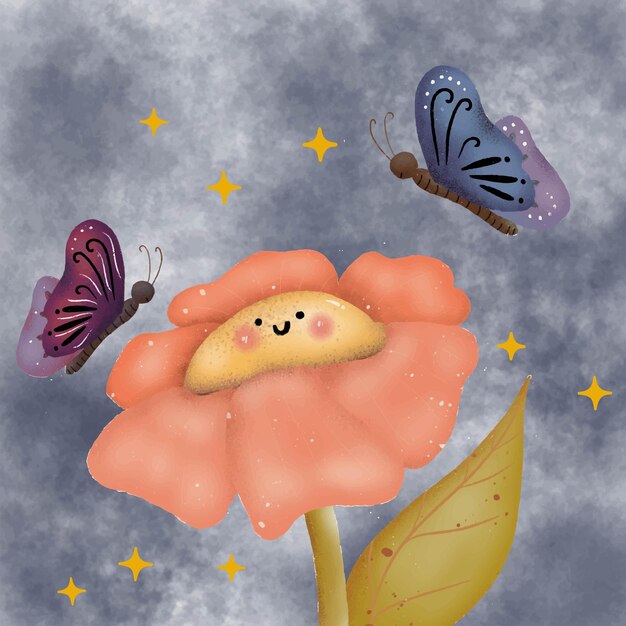 Whimsical Flower with Playful Butterflies in Starry Night Sky | Jiffy ...