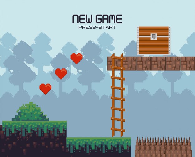 Retro Gaming Landscape with Wooden Platform and Ladder | Jiffy Designs