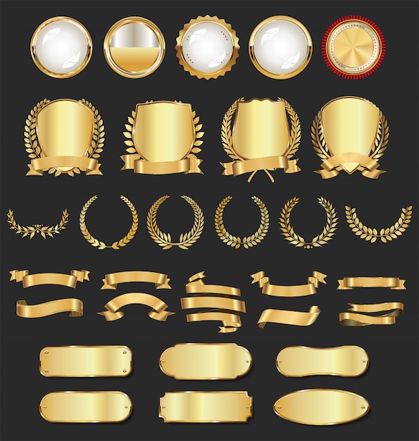 Elegant Gold Emblem and Laurel Wreath Collection on Black | Jiffy Designs