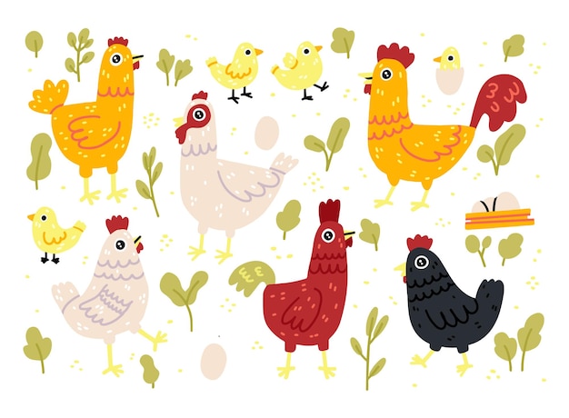 Vibrant Poultry Collection with Chicks and Roosters Illustration ...