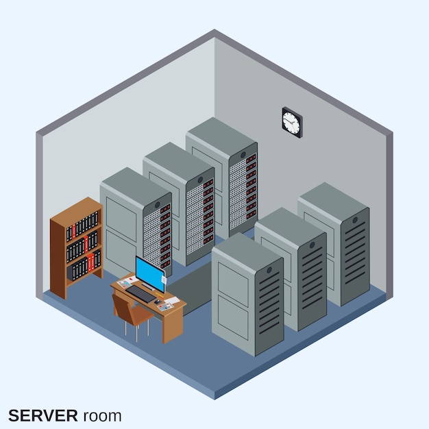 Isometric Server Room with Racks, Desk, and Computer | Jiffy Designs