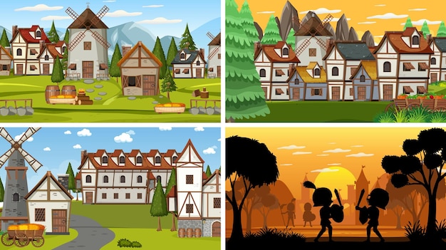 Vibrant Illustrations of Charming Rural Landscapes and Silhouetted ...