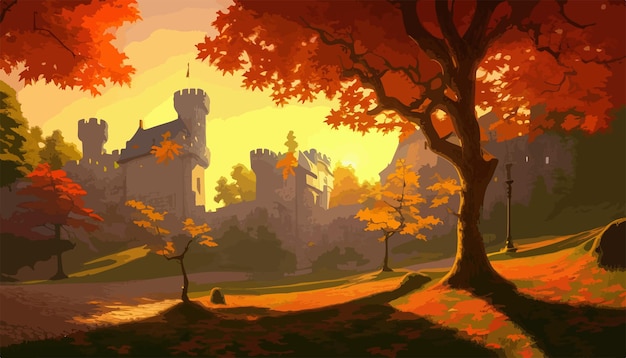 Enchanting Autumn Castle Landscape with Vibrant Foliage | Jiffy Designs