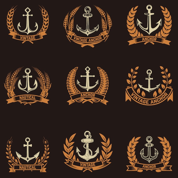 Nautical Anchor Emblems with Laurel Wreaths and Vintage Insignia ...